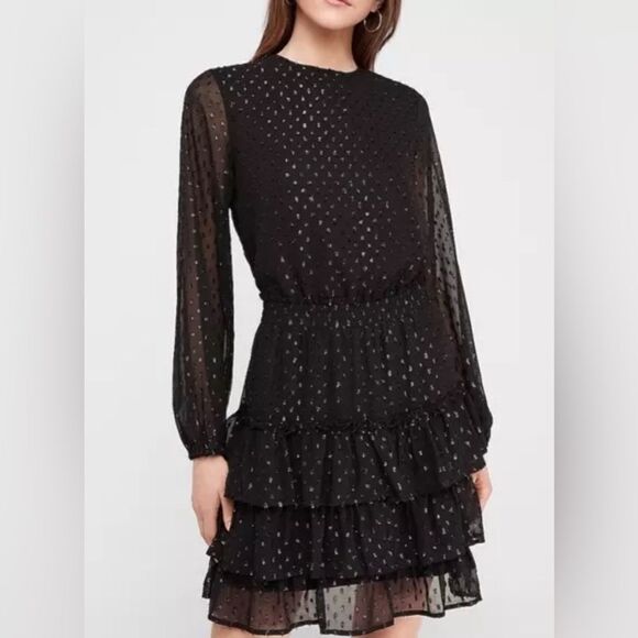 Express black metallic clip dot whimsygoth tiered long sleeve mini dress size M - Picture 2 of 9